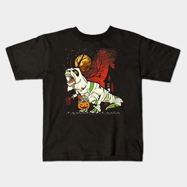 Dinosaur T rex Mummy Pumpkin Kids T-Shirt by folidelarts